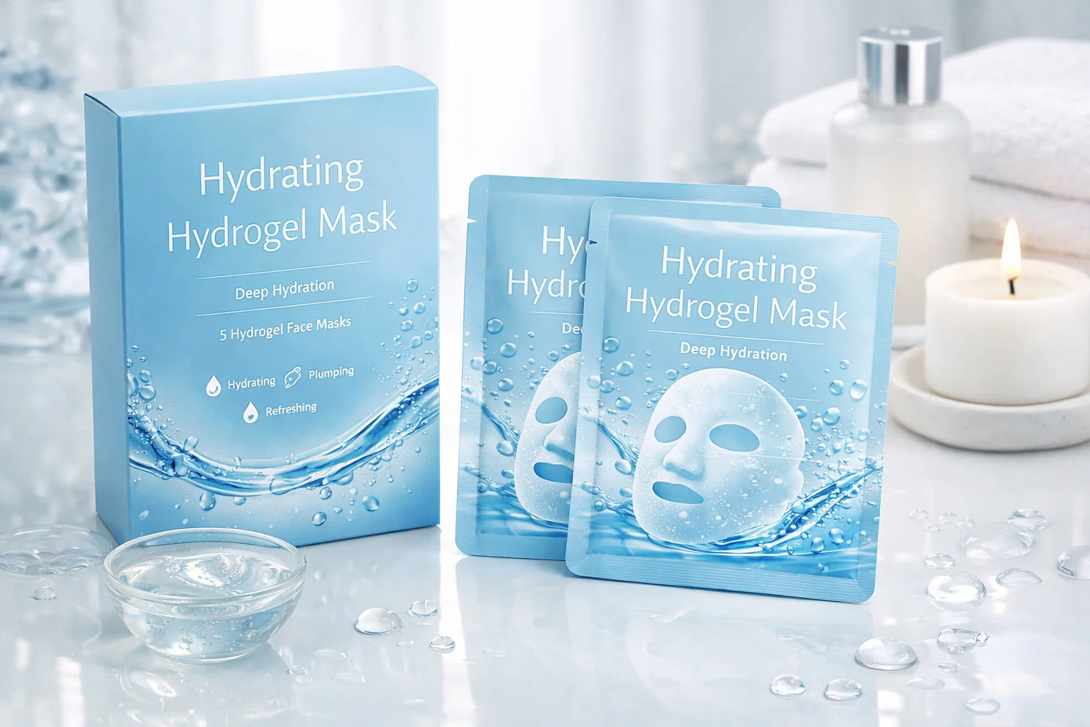 Packaging of hydrating hydrogel masks with water droplets, a lit candle, and a glass bowl in a serene setting.